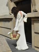 Maxivestido de punto con dobladillo y volantes para mujer, traje elegante acampanada de manga larga con cuello redondo y espalda - details 14