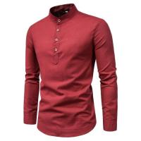 Camisas de manga larga de algodón y lino de primavera y otoño para hombre con cuello alto - details 3
