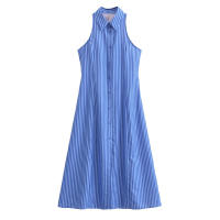 OUWU- Aoaiiys Vestido A Rayas Para Mujer Vestido De Un Solo Pecho Con Cuello Vuelto Corte En A Sin Mangas Moda De Verano Vestidos Elegantes Para Mujer - details 0