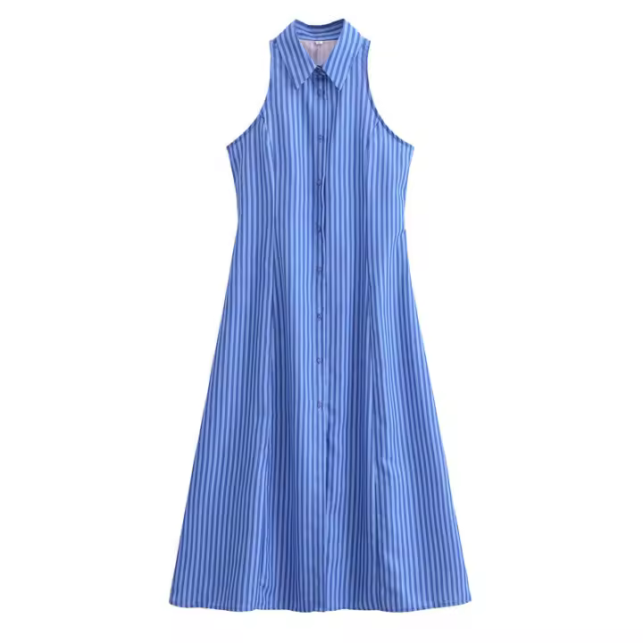 OUWU- Aoaiiys Vestido A Rayas Para Mujer Vestido De Un Solo Pecho Con Cuello Vuelto Corte En A Sin Mangas Moda De Verano Vestidos Elegantes Para Mujer - 1