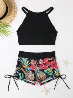 Bañador estampado de cintura alta para mujer, Bikini de cuello alto con cordón, ropa de baño femenina, ropa de playa 2024 - details 6