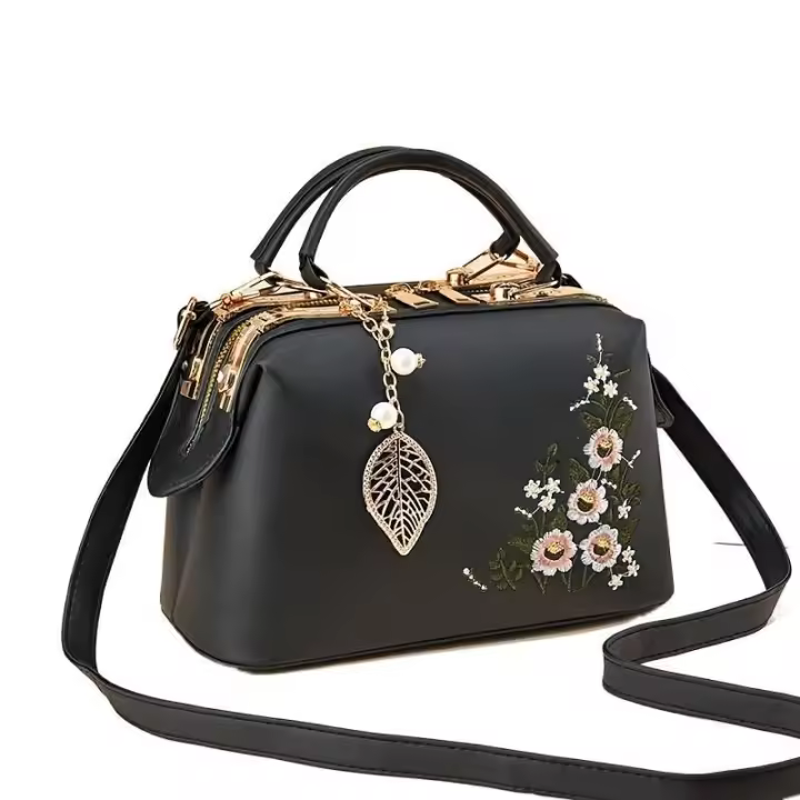 Elegante Bolso de Mano Bordado Floral Bolso de Hombro con Cierre de Cremallera Lino de Poliéster - 1