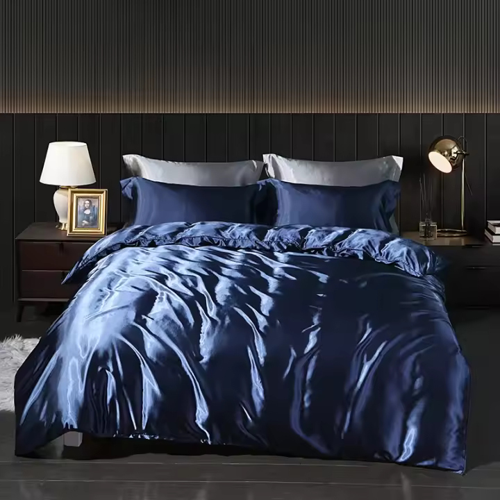 Tiendas Juego de cama de seda de morera dorada de lujo, edredón, funda de edredón, Sábana plana, funda de almohada, doble Ru, Europa, cama Queen, ropa de cama, fundas de edredón - 1