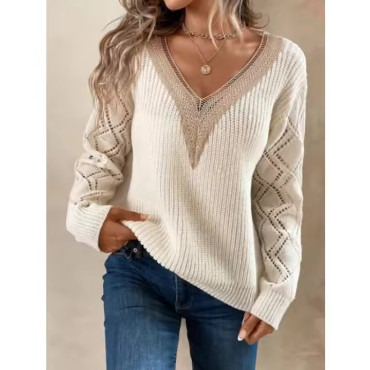Otoño Invierno suéteres con cuello en v suéter casual jerseys prendas de punto para mujer - 1
