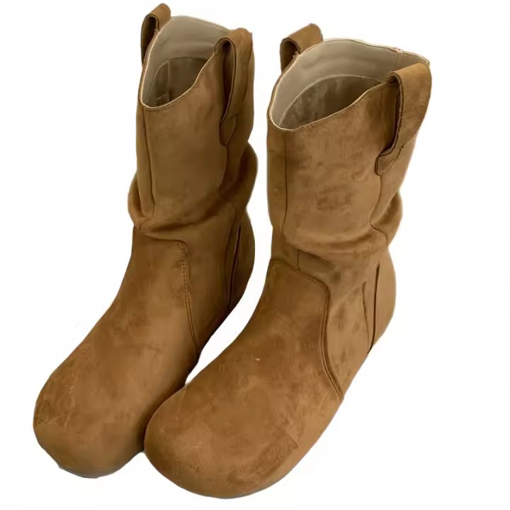 Botas de fondo plano vintage, botas occidentales ajustadas con punta redonda. - 1