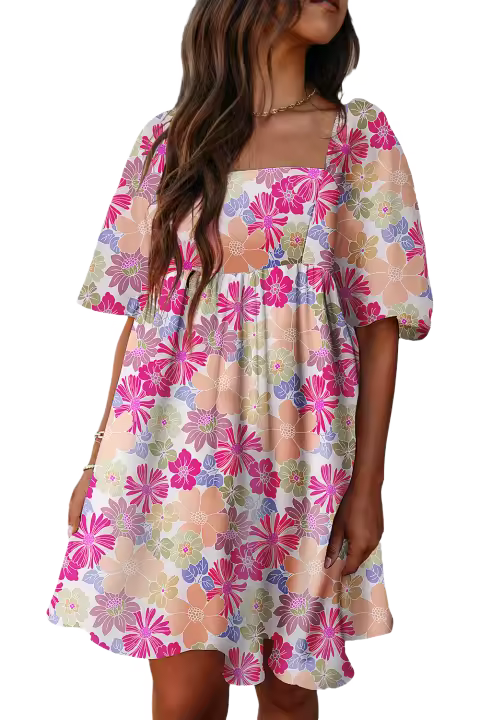 Elrachen Vestido babydoll floral para mujer con cuello cuadrado y mangas abullonadas, rosa, tallas S-2XL - 1