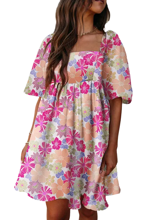 Elrachen Vestido babydoll floral para mujer con cuello cuadrado y mangas abullonadas, rosa, tallas S-2XL - 1