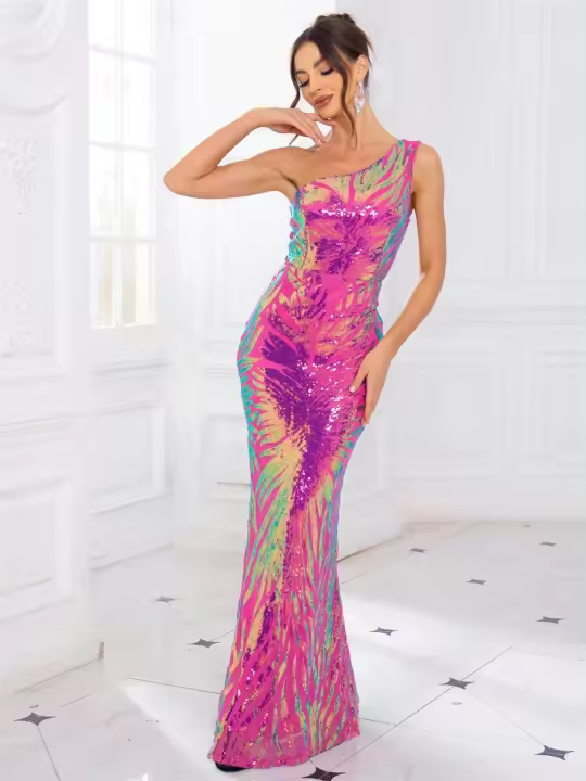 Lentejuelas largas con hombro rosa lavanda, vestido de fiesta de noche sin mangas para mujer - 1