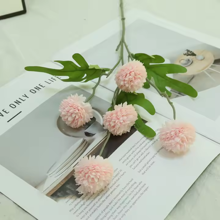 5 cabezas de diente de león, flores artificiales, hojas verdes, bola de imitación Multicolor, ramo de novia de crisantemo, adorno de escritorio - 1