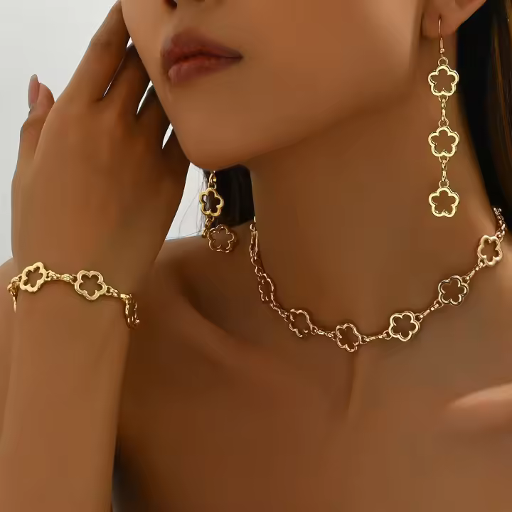 Conjunto de pulsera y pendientes para mujer, diseño R de flor de ciruelo, collar largo - 1
