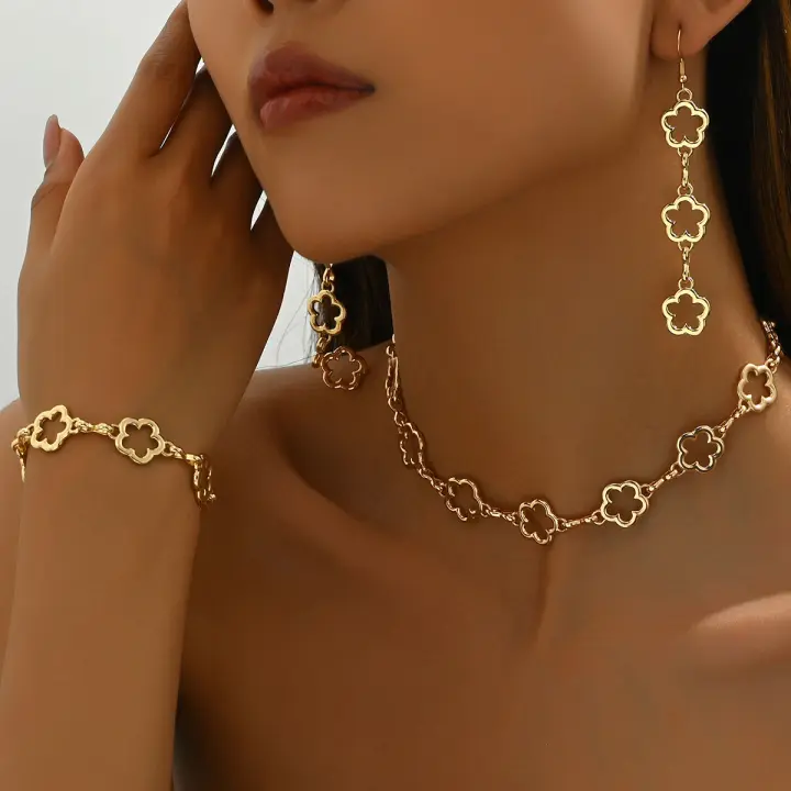 Conjunto de pulsera y pendientes para mujer, diseño R de flor de ciruelo, collar largo - 1