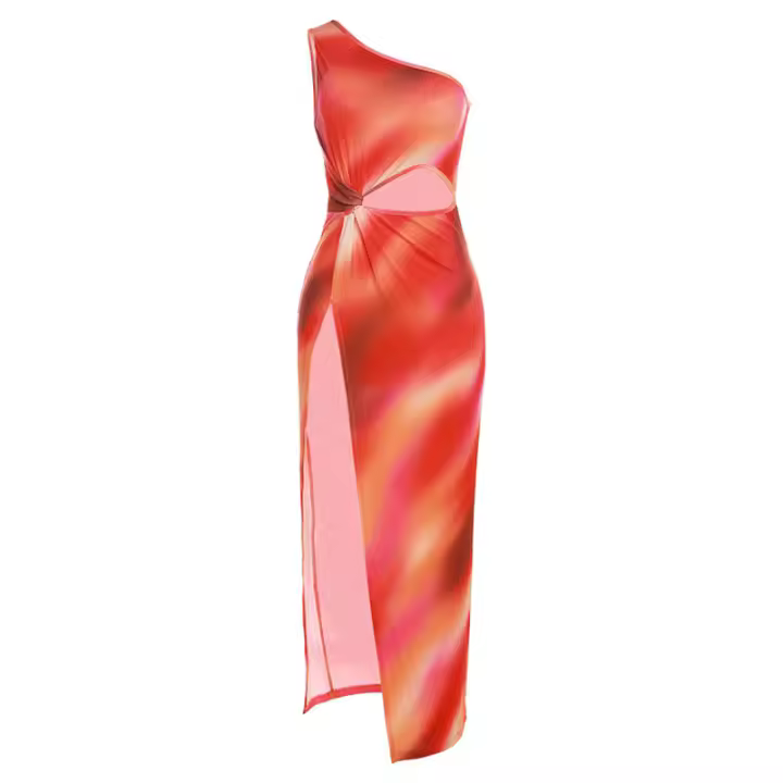 Vestido de verano para mujer, ropa de moda y sexy, hombro inclinado, hueco, ajustado, estampado dividido - 1