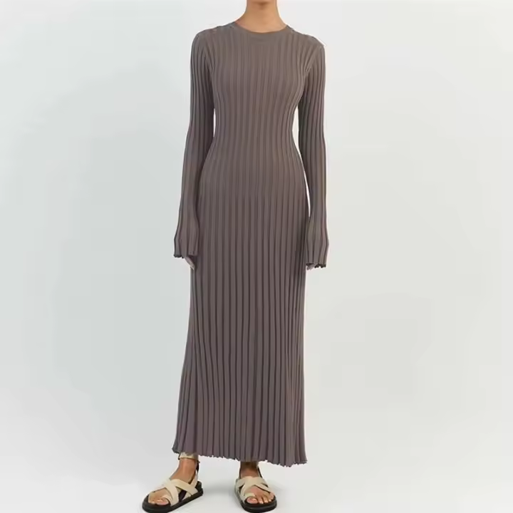 Vestido de Punto con Mangas Acolchadas Falda Larga con Lazo en Cintura, Cuello Redondo, Estilo Retro de los 90 Moda Callejera para Mujeres - 1