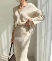 Elegante Conjunto de Falda de Punto Ouwu para Mujer Cardigan de Color Sólido, Cintura Alta, Ajuste Hip, 2 Piezas - details 0