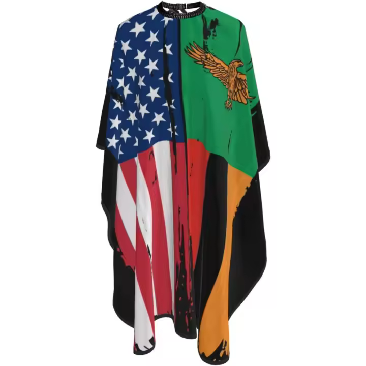 Capa de peluquero con bandera de EE. UU. Zambia - Capa de corte de pelo impermeable para peluquería profesional con cierre a presión ajustable - Delantal de corte de pelo para estilista y uso doméstico - 55''X66'' - 1