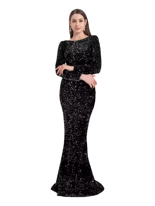 Vestido de Fiesta de Sirena Negro con Lentejuelas Elásticas Azules Realistas - 1