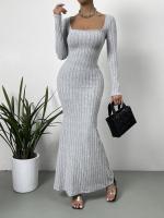 2024 Otoño e Invierno nuevo cuello cuadrado adelgazante cintura diseño sentido de la moda vestido de mujer tejido - details 12