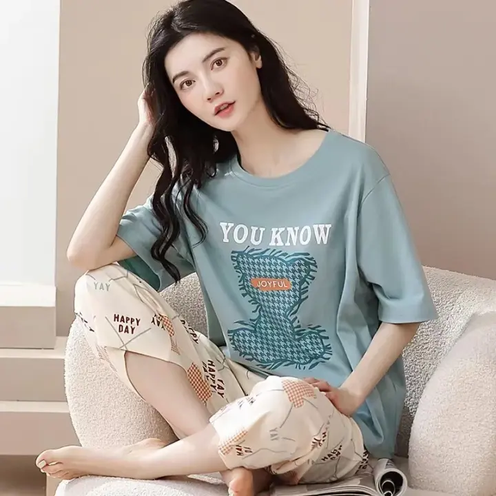 Novedad de verano, pijamas para mujer, conjunto de pijamas de manga corta para mujer, ropa de casa holgada de talla grande con dibujos animados coreanos simples de verano para mujer - 1