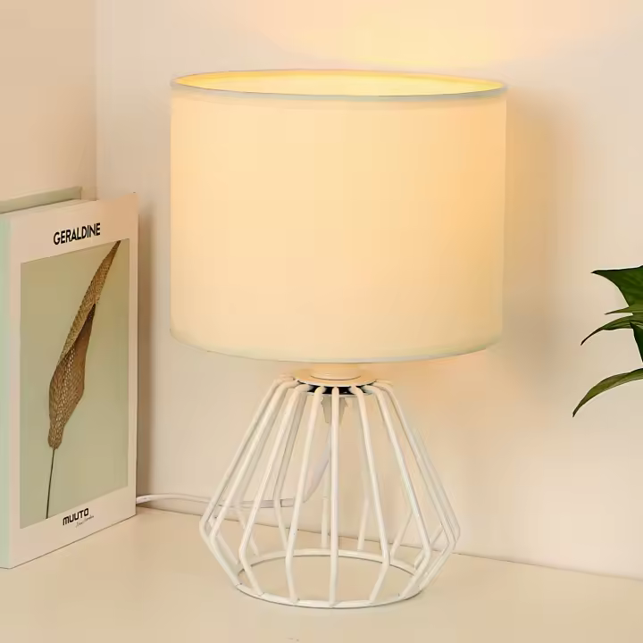 Lámpara de mesa GOECO, estructura de hierro con cubierta de tela, pantalla blanca, diámetro 20 cm, interruptor blanco 1,8 m, cable E27, portalámparas - 1