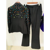 Traje de pantalón con cuentas de diamantes coloridos, talla grande, blazer de un solo botón, pantalón acampanado, conjunto de do - details 2
