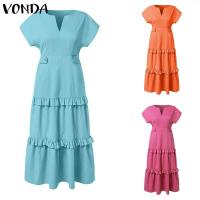 VONDA, vestido con volantes para mujer, verano 2025, vestido veraniego de Color sólido, Vestidos de playa con cuello en V, bata holgada informal bohemia de gran tamaño - details 4