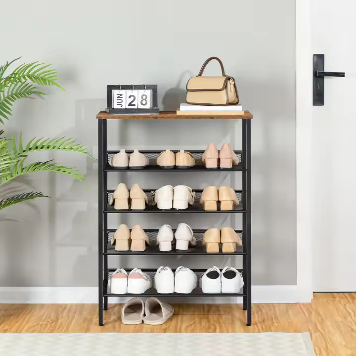 Zapatero, Zapatero de 6 Niveles, Estantería para Zapatos, Estantes de Malla Ajustables, para Entrada, Pasillo, Dormitorio, Estructura Metálica, Marrón Rústico y Negro - 1