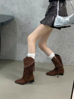 Maillard Botas vaqueras occidentales Botas cortas con flecos retro Botas medianas de tacón puntiagudo Botas ajustadas de otoño e invierno para mujer - details 7