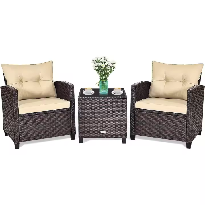Conjunto de Muebles de Jardín, 3 Piezas de Ratán para Exterior, 2 Sillones con Cojines y 1 Mesa de Panel de Vidrio, Mesa y Silla para Terraza, Jardín, Patio (Marrón Oscuro) - 1