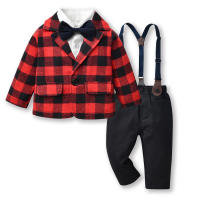 Conjunto de tres piezas para niños: blazer a cuadros, vestido tipo cárdigan de algodón de manga larga y pantalones con tirantes. - details 2