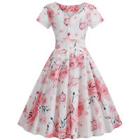 Summer floral print elegant a-line party women slim short sleeve swing vintage dress - details 3