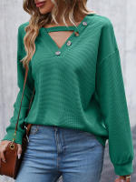 Suéteres con botones ahuecados y cuello en V para mujer, Jersey de punto, Top de Color sólido, suelto, informal, combina con todo, otoño - details 9