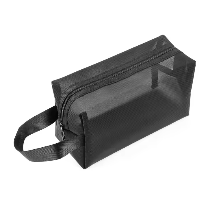 Bolsa de maquillaje negra con cremallera para mujer, organizador de maquillaje de viaje, bolsa de cosméticos de malla, bolsa de aseo de lavado, 1 unidad - 1