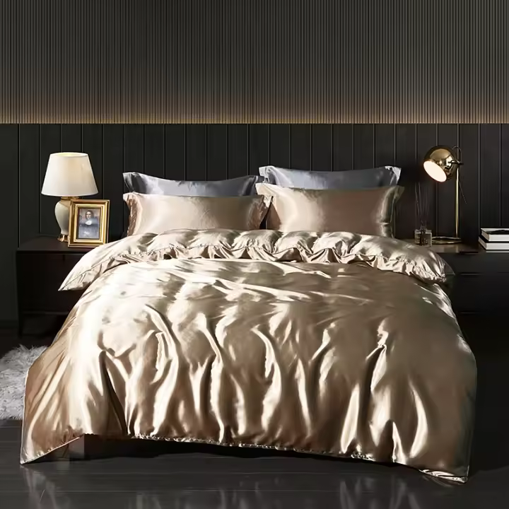 Tiendas Juego de cama de seda de morera dorada de lujo, edredón, funda de edredón, Sábana plana, funda de almohada, doble Ru, Europa, cama Queen, ropa de cama, fundas de edredón - 1
