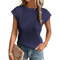 Camisetas con textura de manga corta para mujer, camisetas básicas informales holgadas de punto con cuello redondo, blusas - details 35
