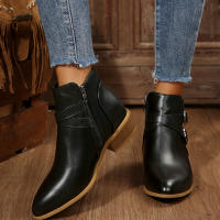 2025 otoño e invierno nuevo europeo y americano de gran tamaño cabeza puntiaguda tacón cuadrado cremallera lateral botas cortas de moda y cómodas mujeres 36-43 - details 5
