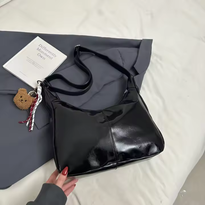 Bolso Hobo sencillo con colgante de bolso de hombro de cuero de PU estilo coreano con cremallera bolso cruzado de Color sólido bolso de mujer - 1