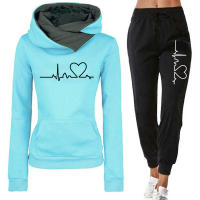 Conjunto De Ropa De Mujer Con Capucha Doble Y Estampado De Corazón 2 Piezas Camiseta De Manga Larga Y Pantalones Casuales Para Otoño E Invierno - details 1