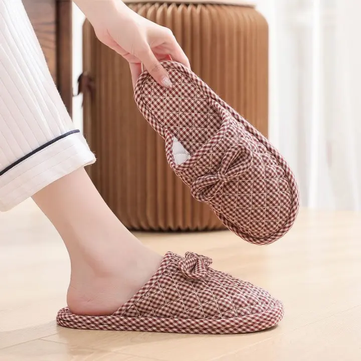 Zapatillas antideslizantes para parejas, hogar, cuatro estaciones, granulado, otoño e invierno, interior, suela de tela de fondo suave, suelo de madera silencioso - 1