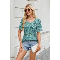 BUNO-2025 Nueva camisa de verano 2025 para mujer, ropa para mujer, blusa con cuello en V, Tops de manga corta a la moda, blusas holgadas con estampado Floral a rayas para mujer - details 4