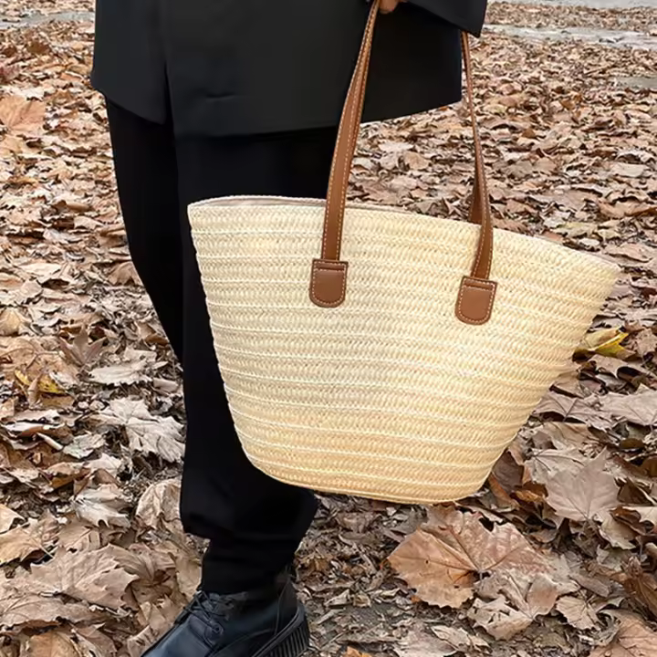 Bolso de viaje con asa superior para mujer, bolsa Bohemia de paja tejida de gran capacidad para verano - 1