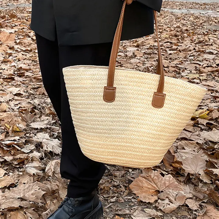 Bolso de viaje con asa superior para mujer, bolsa Bohemia de paja tejida de gran capacidad para verano - 1