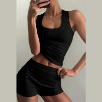 BUNO-chándales informales para Mujer, conjunto de 2 piezas, chalecos cortos elásticos con cuello en U y pantalones cortos acanalados, ropa deportiva concisa para gimnasio - details 15