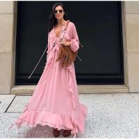 Vestido largo Irregular de gasa con volantes y escote en V profundo para mujer, Vestido holgado liso con mangas abullonadas elegantes, Vestido de calle alta para mujer 2025 - details 1