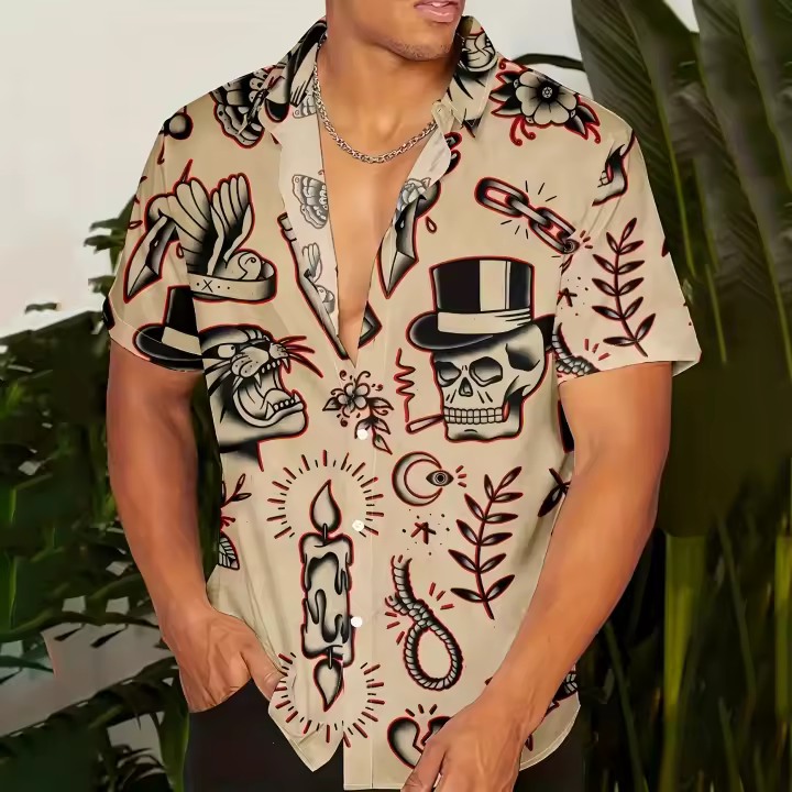 Camisa hawaiana para hombre con estampado gráfico, informal para exteriores, con solapa, manga corta, estilo vintage, talla grande. - 1