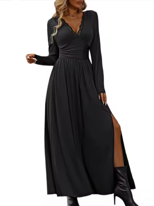 Vestido largo elegante con escote en V de color liso, adecuado para mujer. - 1