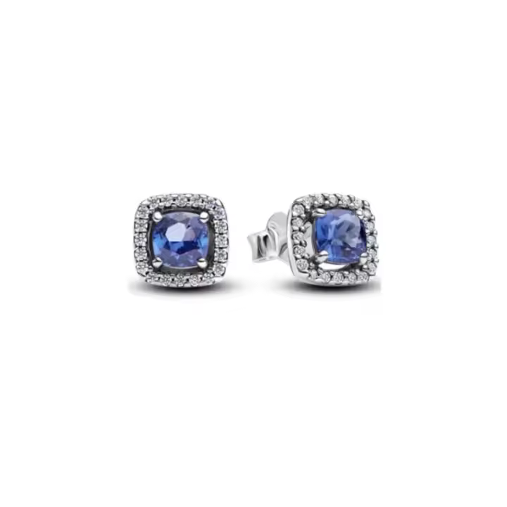 Pendientes de botón brillante cuadrado azul S925, adecuados para mujer - 1