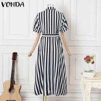 Vestido de mujer 2025, vestido veraniego a rayas bohemio, Vestidos con volantes de verano, VONDA, informal, holgado, con cuello de solapa, estampado, bata con cinturón de gran tamaño - details 9
