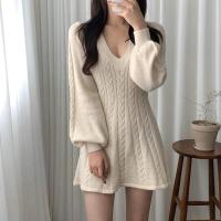 Falda corta de punto para mujer, ropa elegante de manga larga con cuello puntiagudo, usada, negra, invierno - details 43