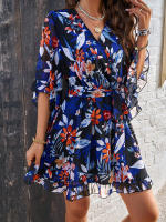 Vestido de primavera y verano para mujer, Media manga, estampado de flores, elegante cuello en V, informal, línea A, hasta la rodilla, cintura alta - details 15