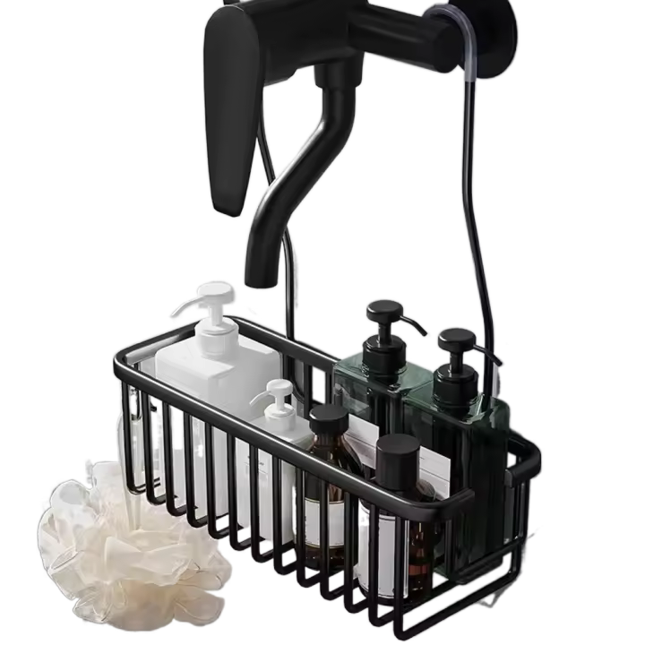 Cesta de ducha colgante plateada/negra/gris, a prueba de herrumbre con ganchos, estante colgante para baño, colgador de grifo de aluminio de gran capacidad para el hogar - 1